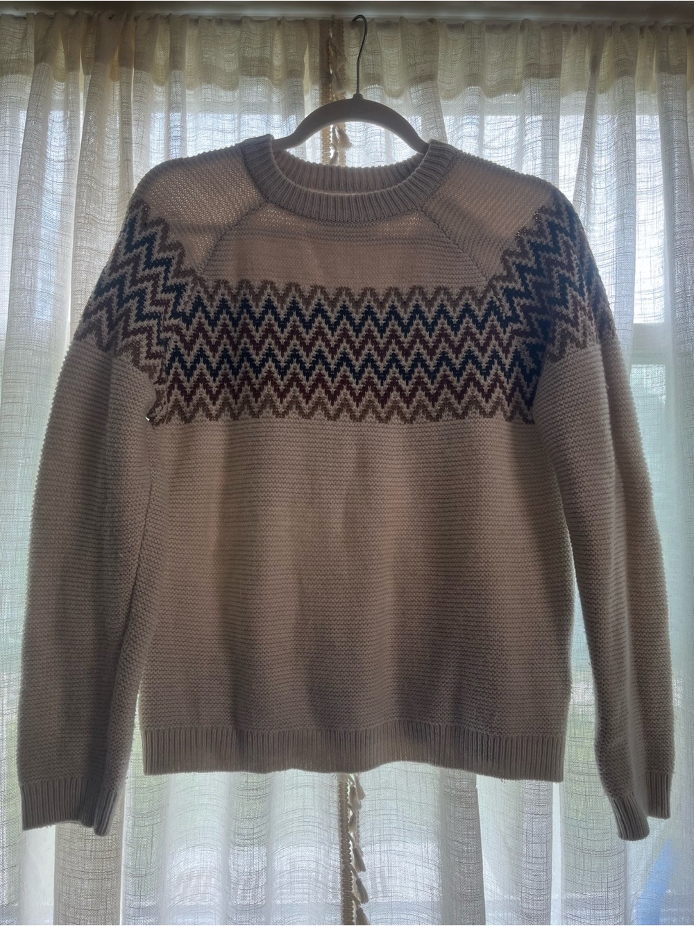 Zara Cream Crewneck Sweater with Navy and Brown Fair Isle Yoke
